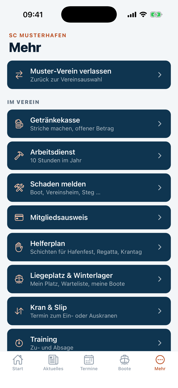 Menü „Mehr“ mit Getränkekasse, Arbeitsdienst, Schaden melden, Mitgliedsausweis, Helferplan, Liegeplatz und Kran