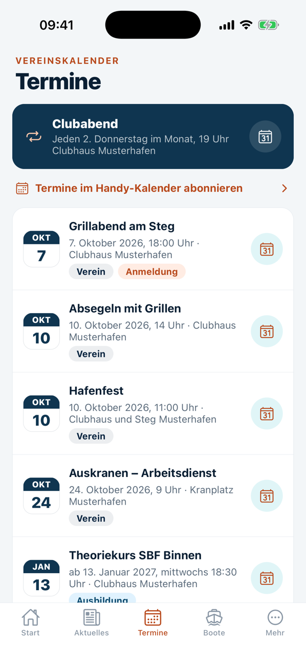 Vereinskalender in der App mit Clubabend, Grillabend und Arbeitsdienst