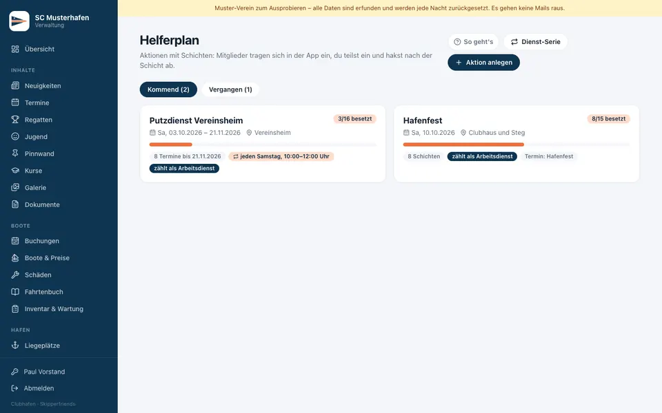 Helferplan mit Putzdienst-Serie und Hafenfest, jeweils mit besetzten Schichten